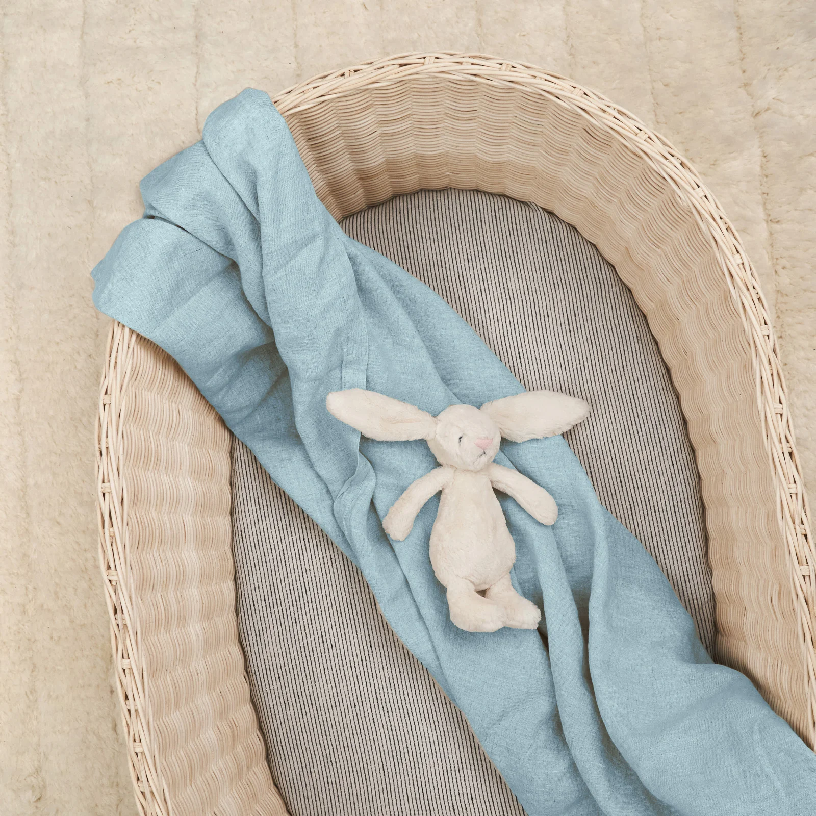 French Flax Linen Bassinet Sheet in Sky Blue - Image 6