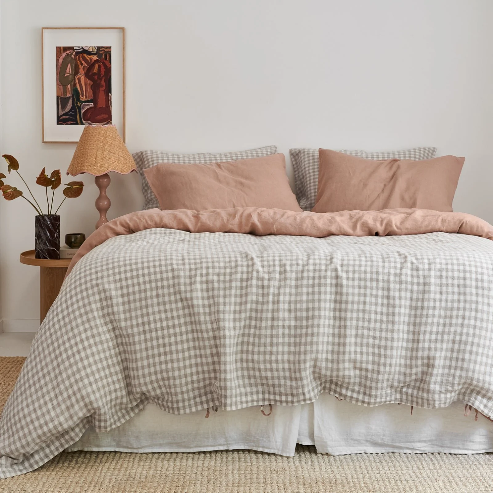 French Flax Linen Double Sided Quilt Cover in Clay/Beige Gingham - Image 4