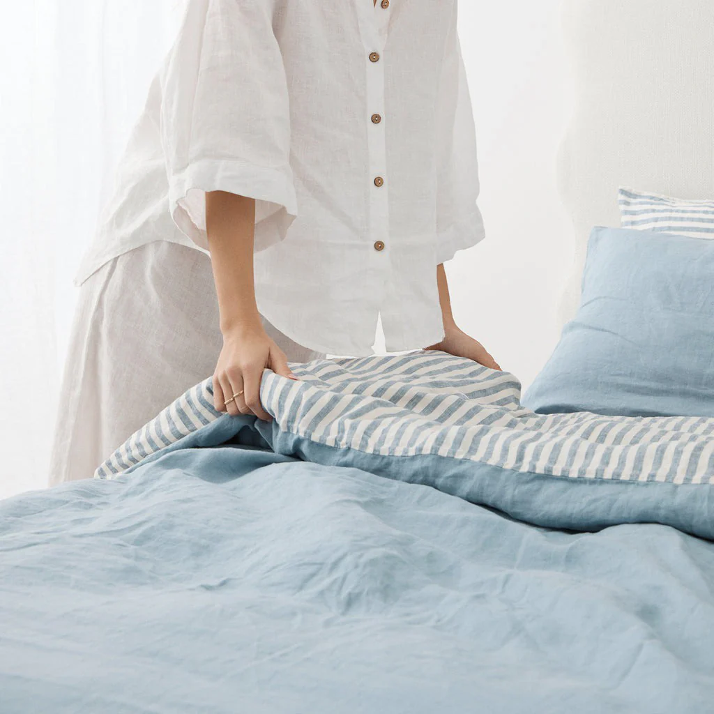 French Flax Linen Double Sided Quilt Cover in Marine Blue/Marine Blue Stripe - Image 7