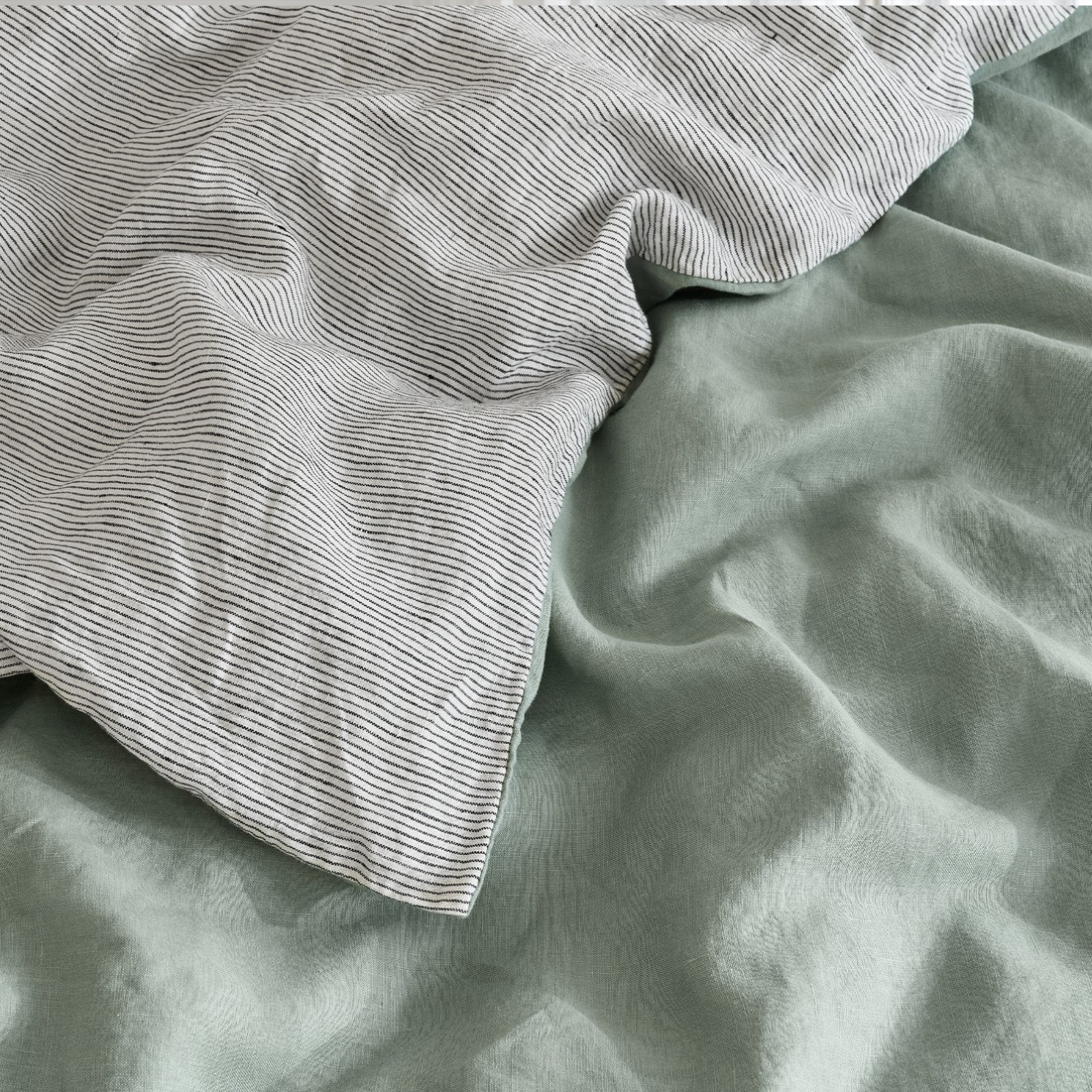 French Flax Linen Double Sided Quilt Cover in Sage/Pinstripe - Image 10